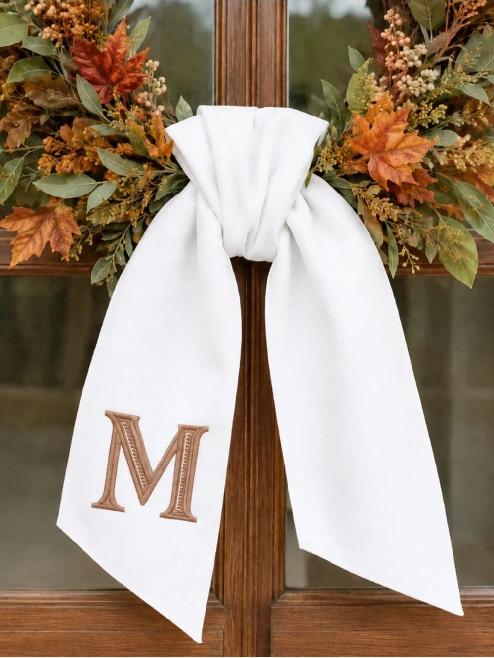 Personalized White Door Bow with Tan Monogram M - Home Wall Decor NEW